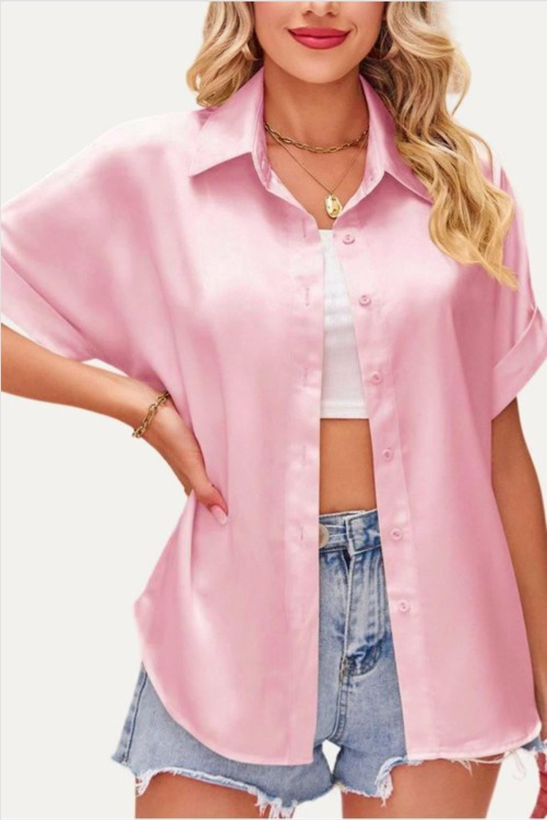 Satin Short Sleeve Button-Up Shirt