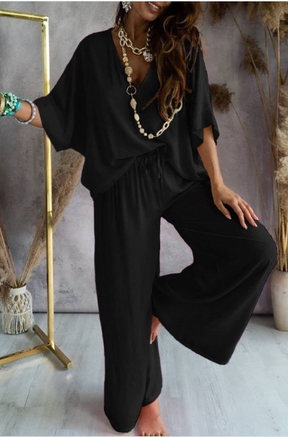 Black Batwing Sleeve Top & Wide Leg Pants Set