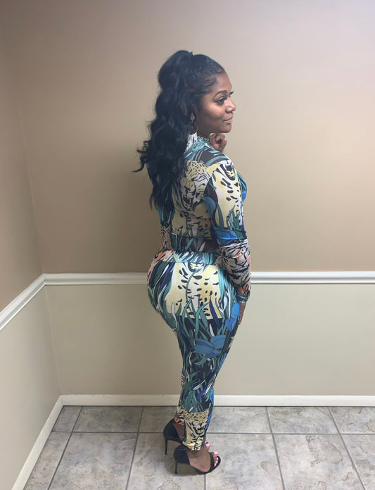 Animal Printed Mesh Pant Suit